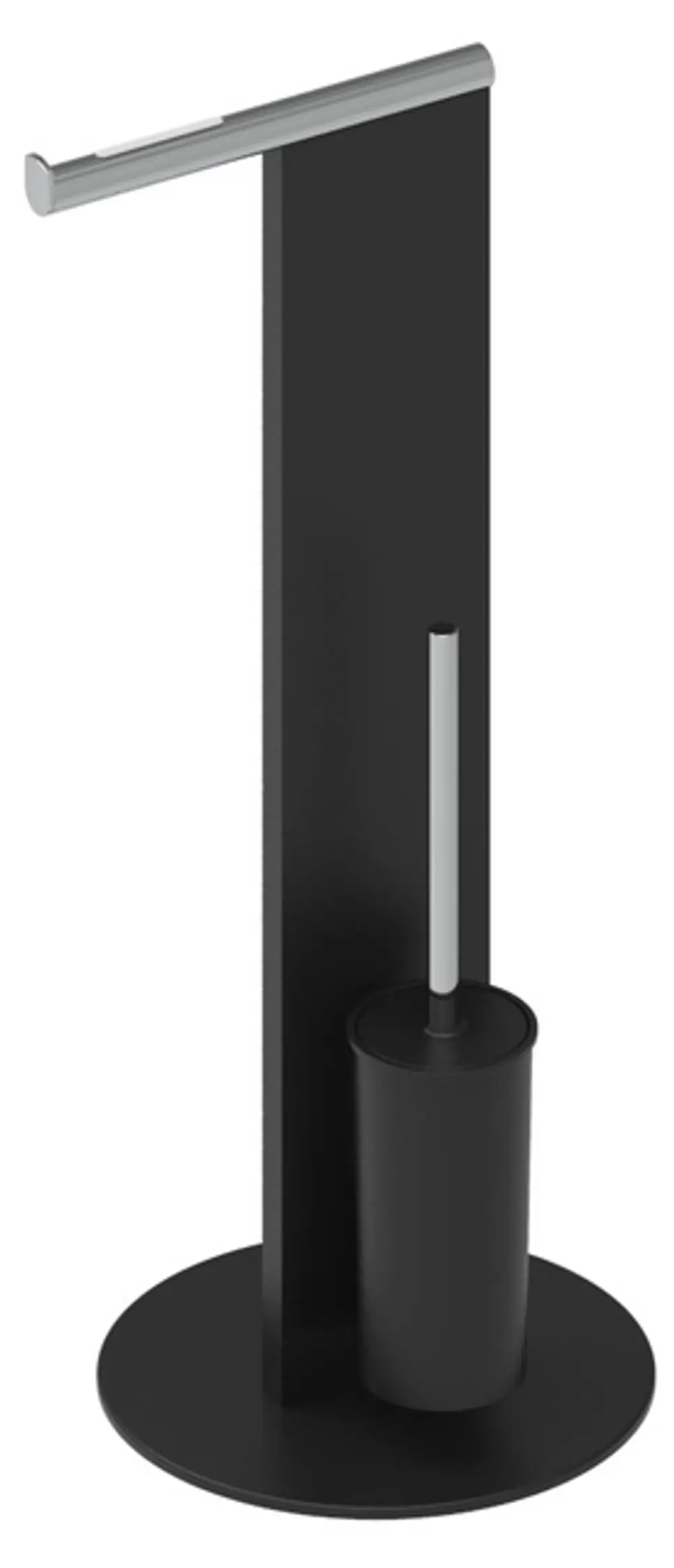 Freistehendes WC-Standmodell von Keuco in Schwarz mit verchromten Elementen, bestehend aus Klopapierhalter und Bürstenhalter, platziert auf einem runden Sockel.
